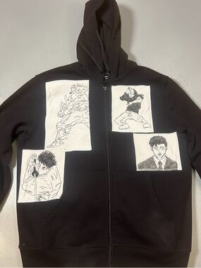 Black Graphic Zip-Up Hoodie Sweatshirt with Manga Panel Prints jjk season 3 art
